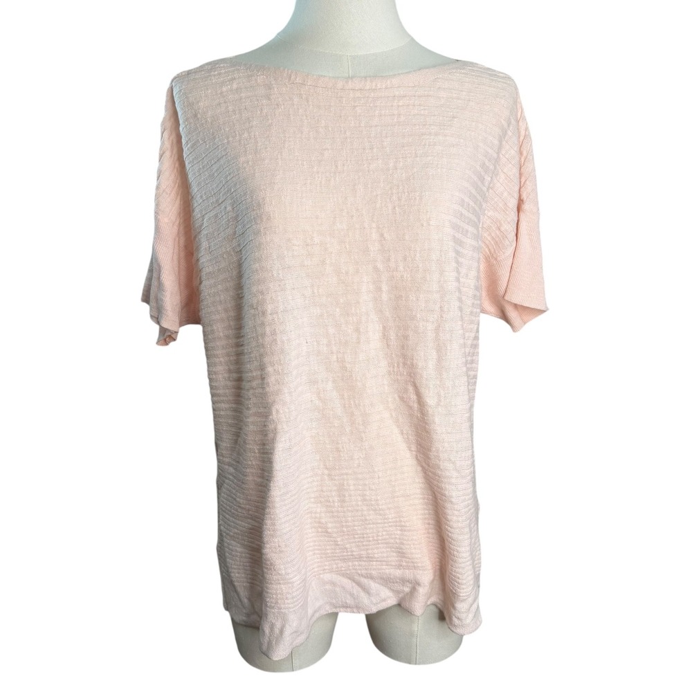 Eileen Fisher Organic Cotton Linen Blend Short Sleeve Sweater Light Pink Large
